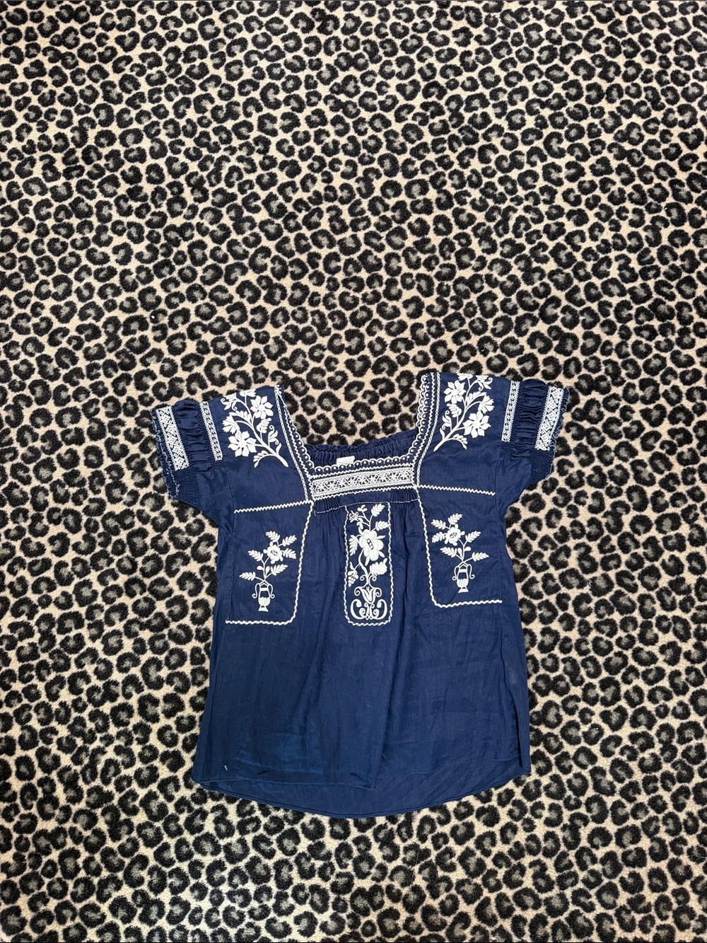 J. Crew Navy Embroidered Peasant Top with White Floral Detail